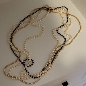 4 strands Gold metal Black onyx type and natural water pearls Beaded Necklace